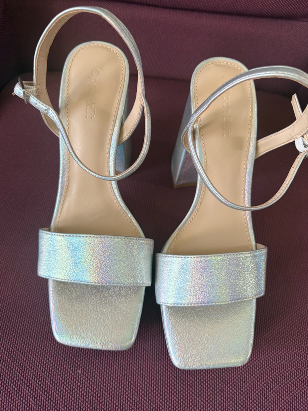 Holographic Silver Block Heel Sandals with Ankle Strap - Women